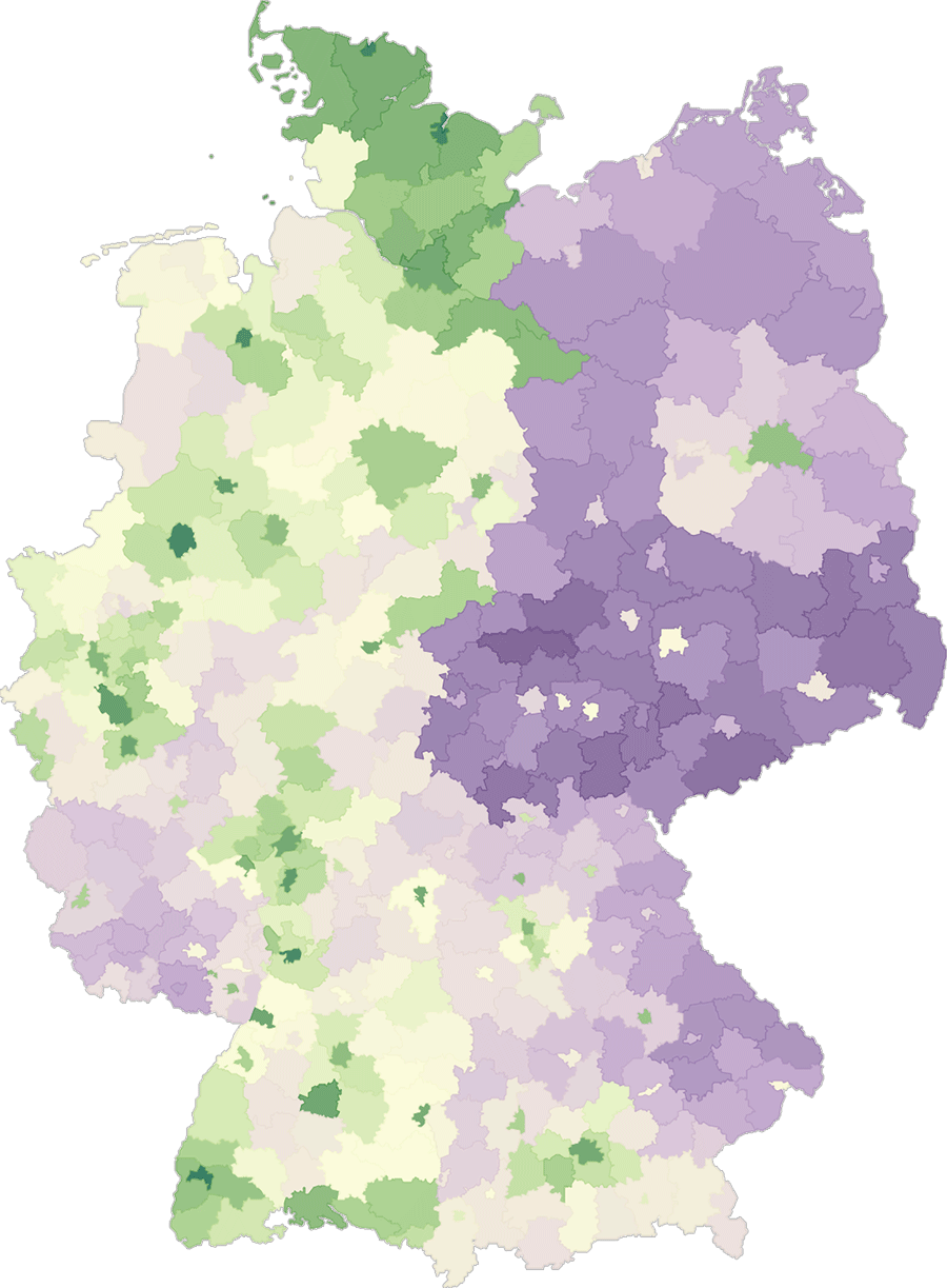 So haben die Grünen in Deutschland abgeschnitten: Die Karte zeigt die wahlergebnisse der Grünen bei der Europawahl 2019 pro Kreis, eingefärbt danach, ob die Partei ein über- oder unterdurchschnittliches Wahlergebnis bekommen hat.