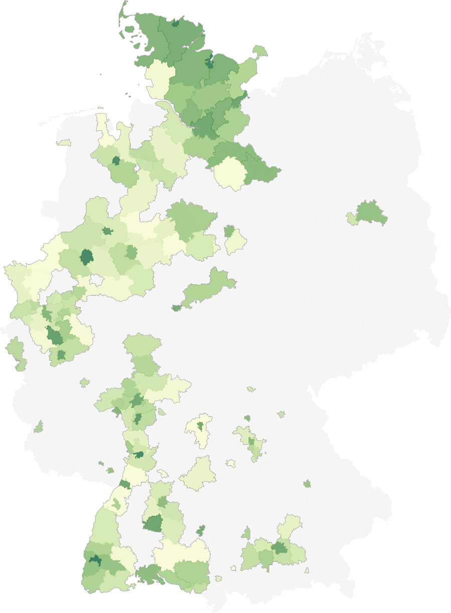 Durch die grüne Brille: Die Deutschlandkarte zeigt nur diejenigen Kreise, in denen die Grünen bei der Europawahl ein überdurchschnittliches Ergebnis erzielten.